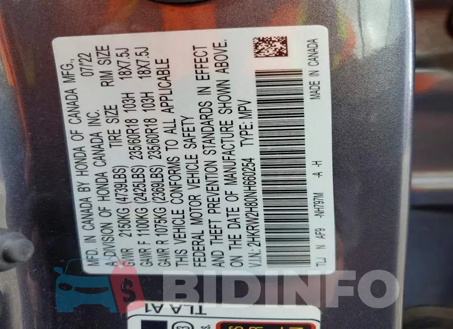 2HKRW2H80NH660254 Photo# 13