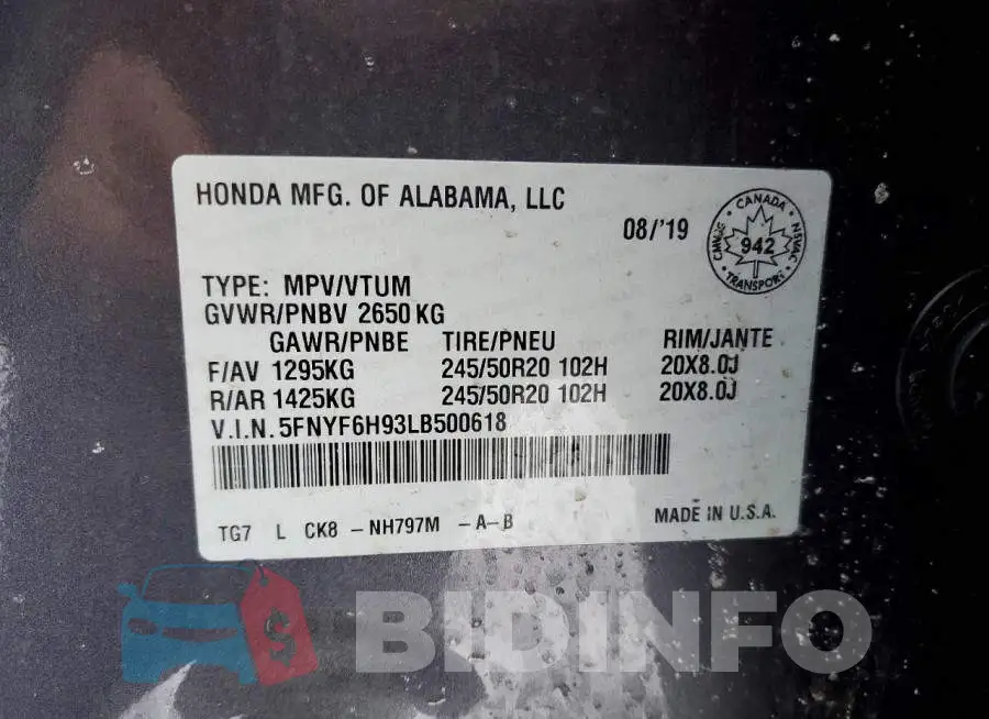 5FNYF6H93LB500618 Photo# 13