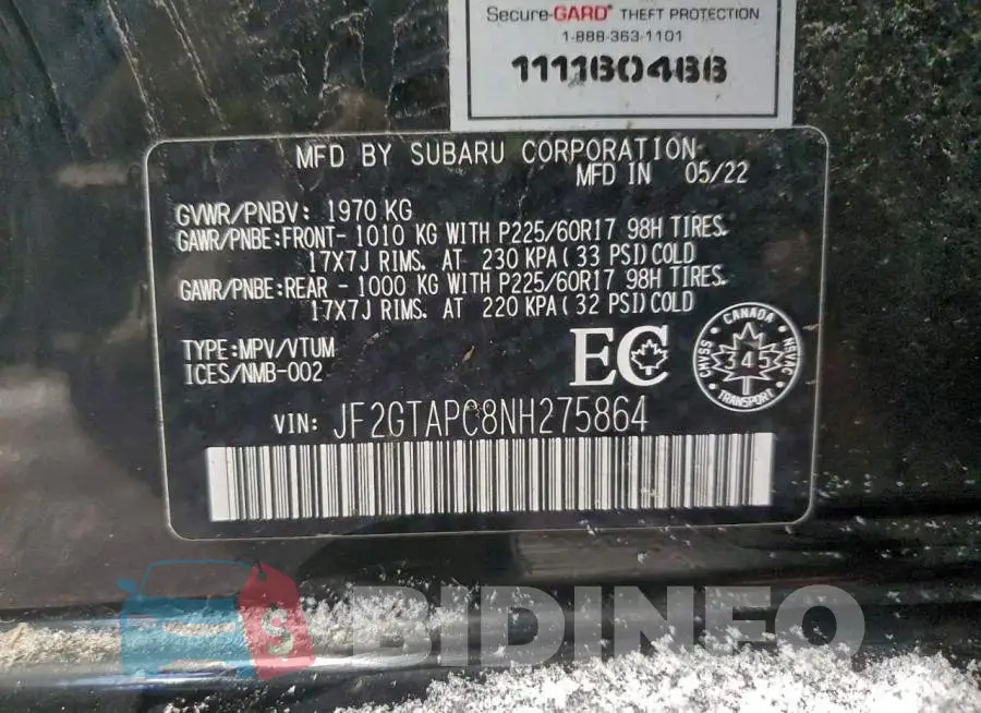 JF2GTAPC8NH275864 Photo# 13