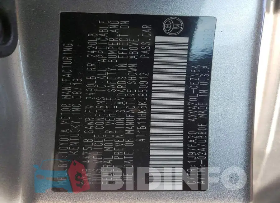 4T1B11HK5KU850912 Photo# 12