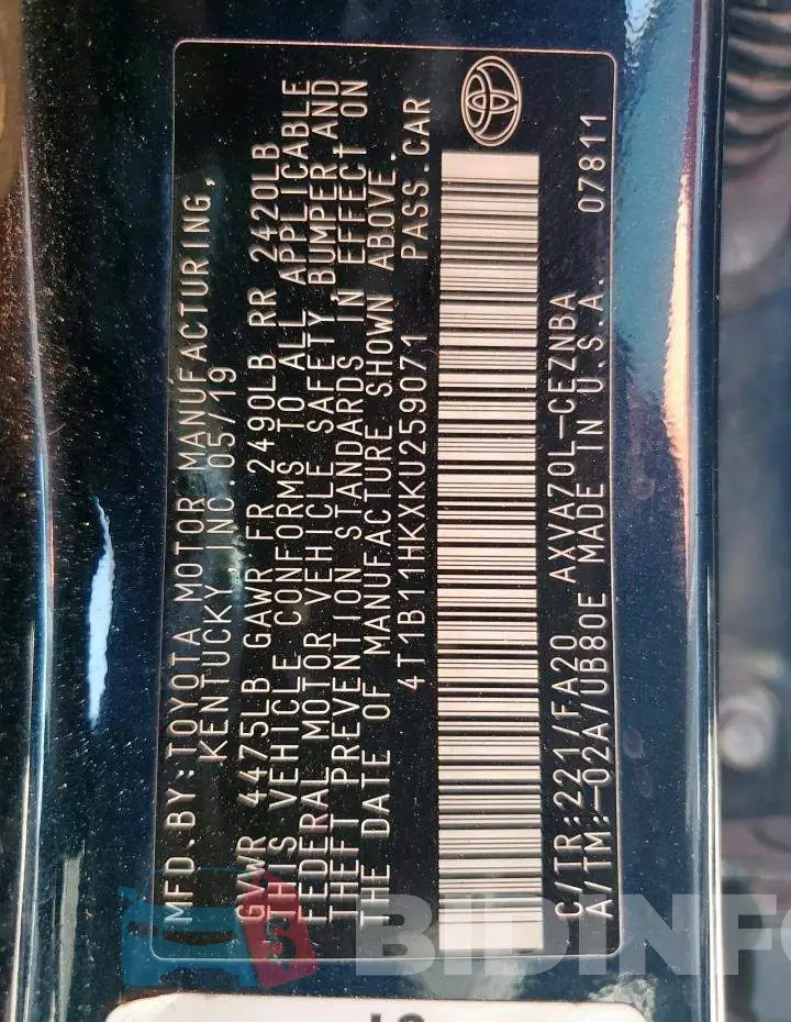 4T1B11HKXKU259071 Photo# 13