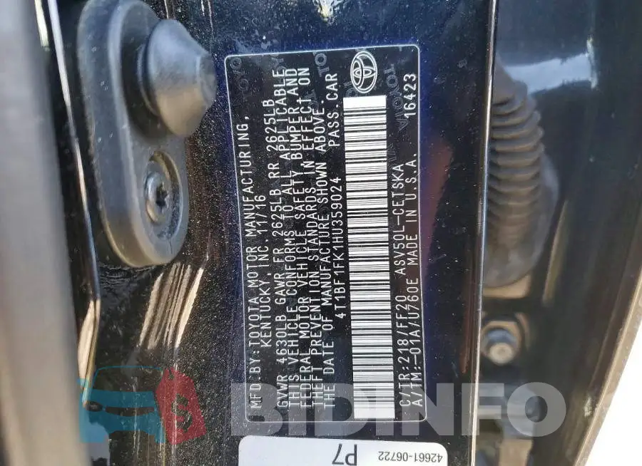 4T1BF1FK1HU359024 Photo# 12