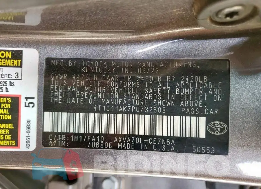4T1C11AK7PU732608 Photo# 12