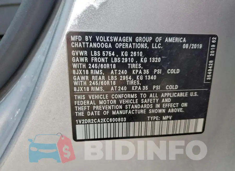 1V2DR2CA2KC600803 Photo# 13