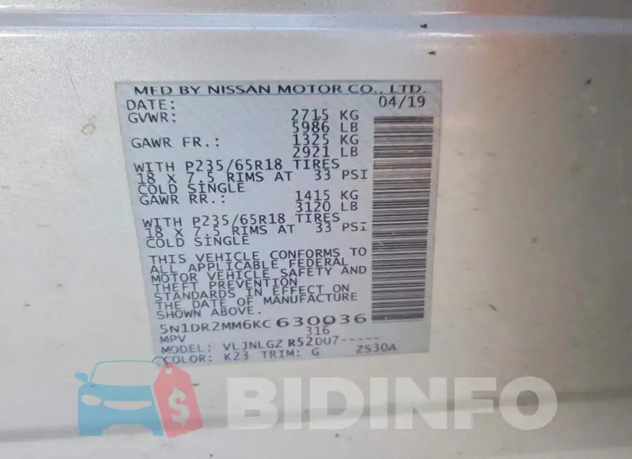 5N1DR2MM6KC630036 Photo# 13