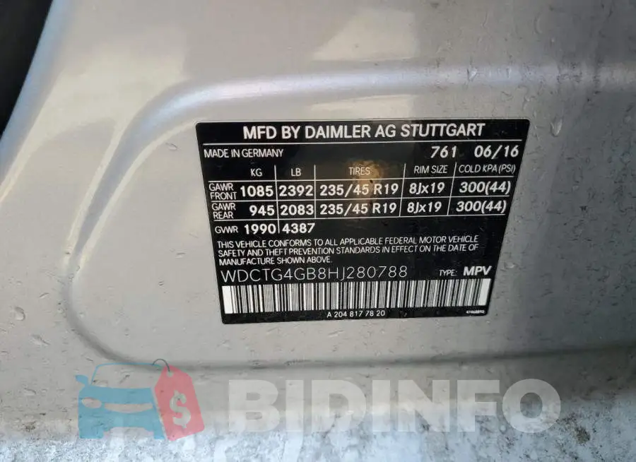 WDCTG4GB8HJ280788 Photo# 13