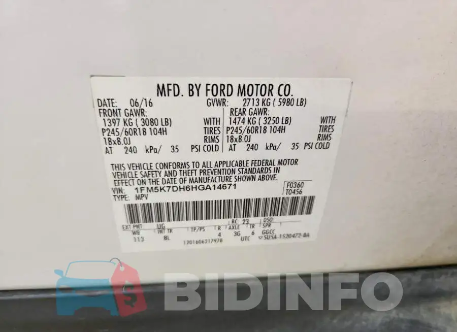 1FM5K7DH6HGA14671 Photo# 12