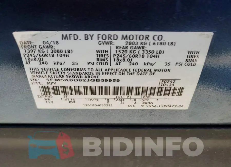 1FM5K8D82JGB59959 Photo# 13
