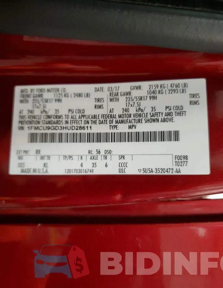 1FMCU9GD3HUD28611 Photo# 14