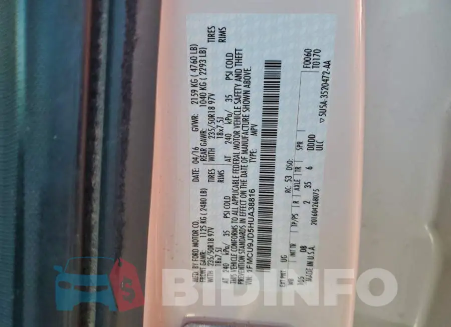 1FMCU9JD5HUA38816 Photo# 13
