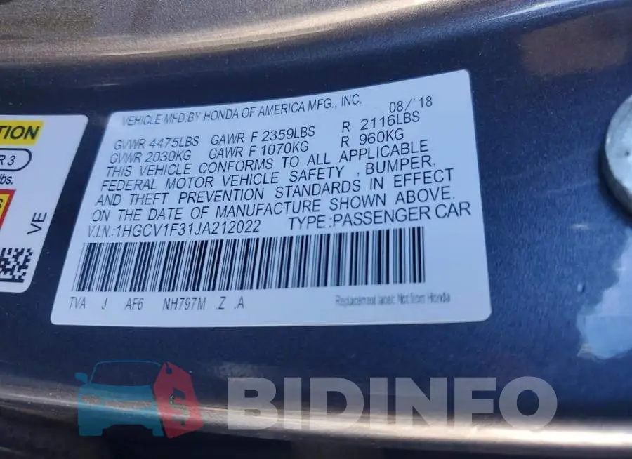 1HGCV1F31JA212022 Photo# 12