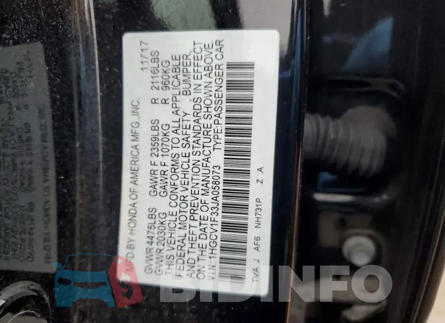 1HGCV1F33JA058073 Photo# 11
