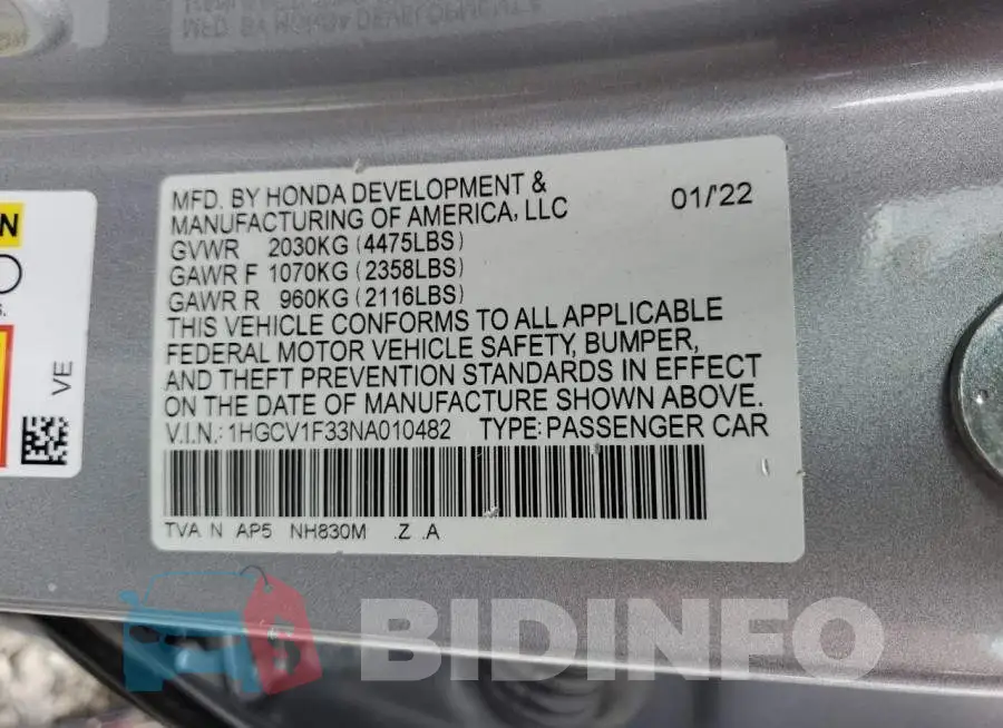 1HGCV1F33NA010482 Photo# 13