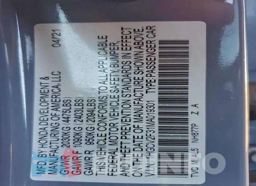 1HGCV2F31MA019301 Photo# 12