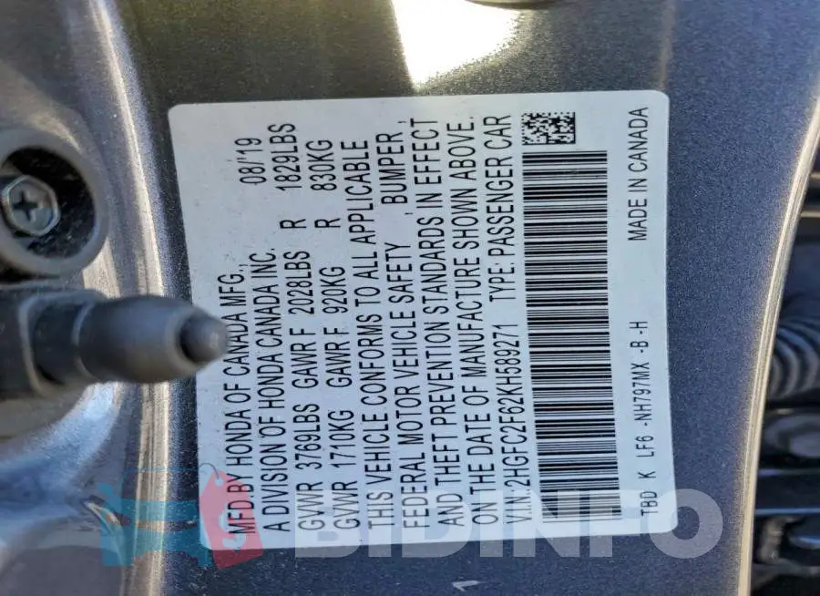 2HGFC2F62KH589271 Photo# 12