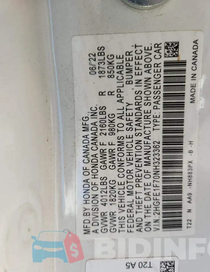 2HGFE1F70NH323362 Photo# 12