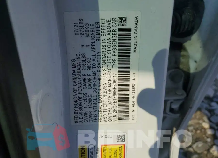 2HGFE1F96NH306017 Photo# 13