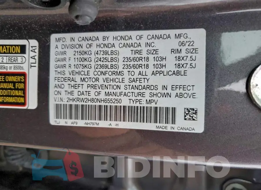 2HKRW2H80NH655250 Photo# 13