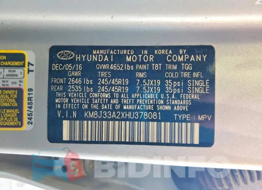 KM8J33A2XHU378081 Photo# 13