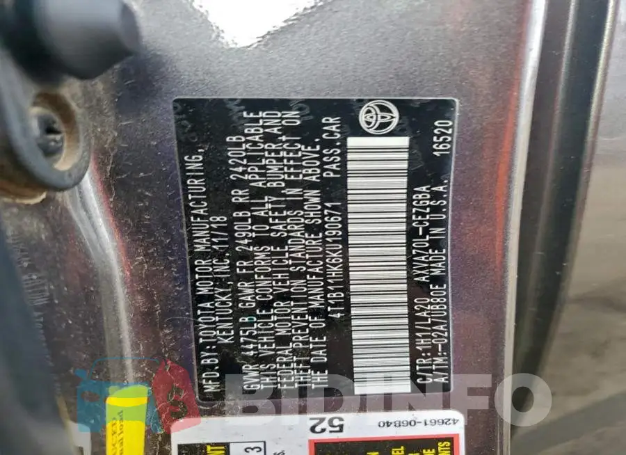 4T1B11HK6KU190671 Photo# 12