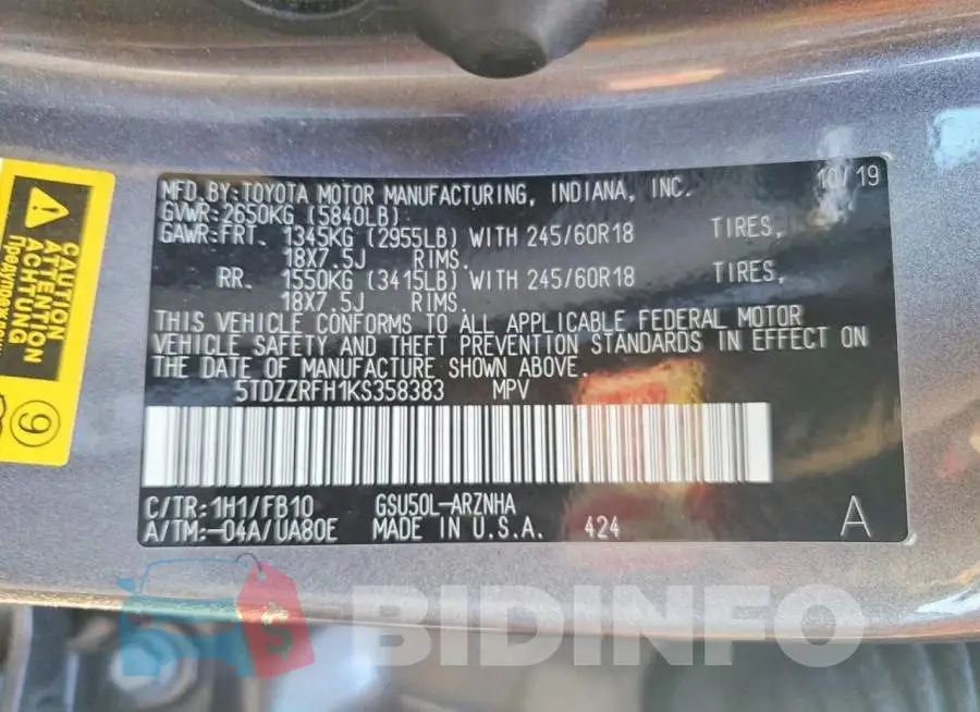 5TDZZRFH1KS358383 Photo# 13