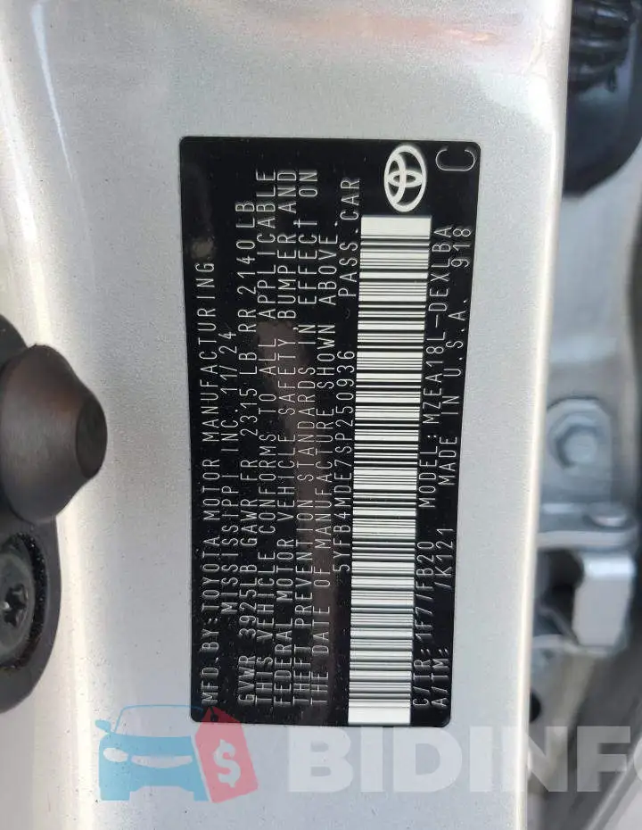 5YFB4MDE7SP250936 Photo# 12