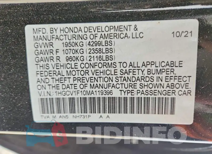 1HGCV1F10MA119396 Photo# 12