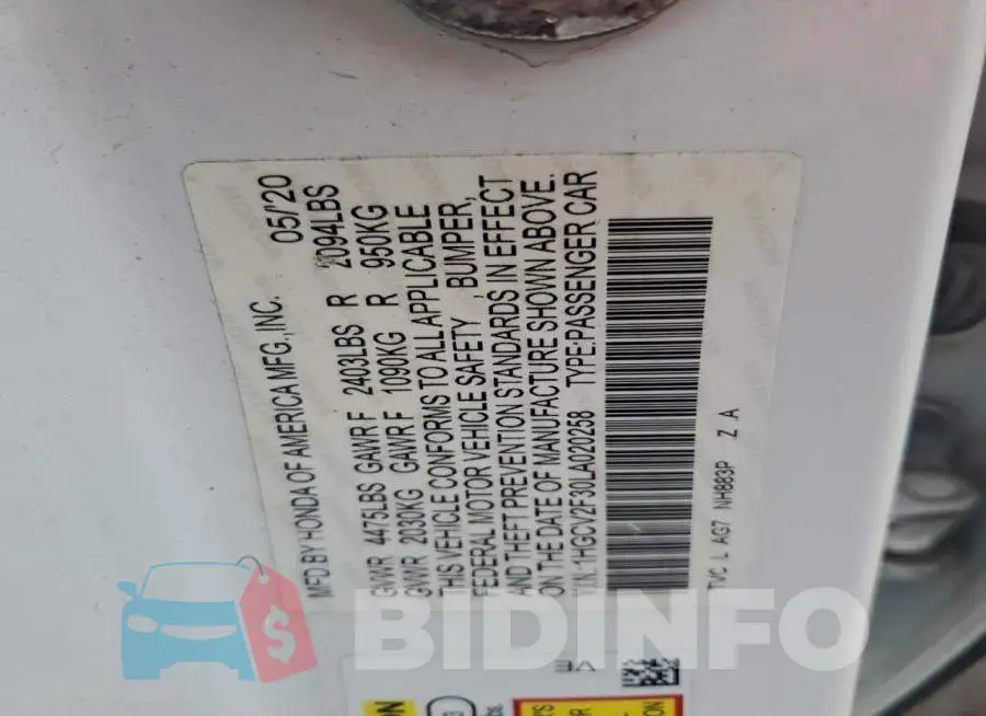 1HGCV2F30LA020258 Photo# 12