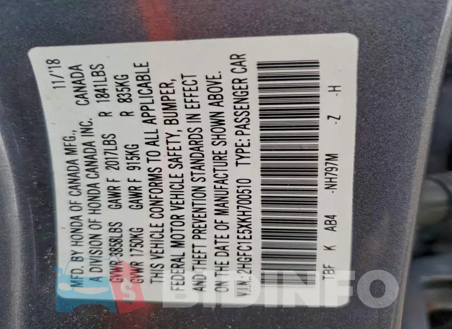 2HGFC1E5XKH700510 Photo# 12