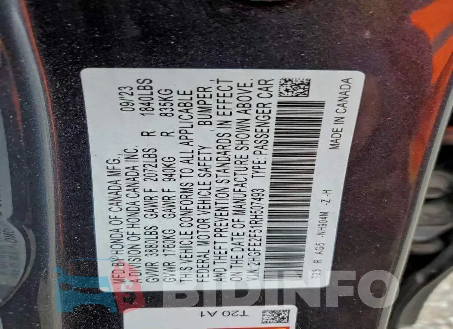 2HGFE2F51RH507493 Photo# 13