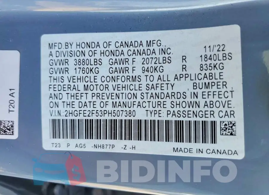 2HGFE2F53PH507380 Photo# 12