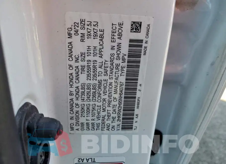 2HKRW2H95NH640767 Photo# 12