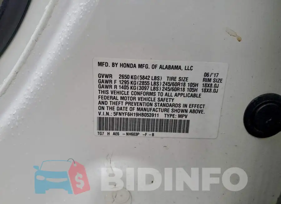 5FNYF6H19HB053911 Photo# 13