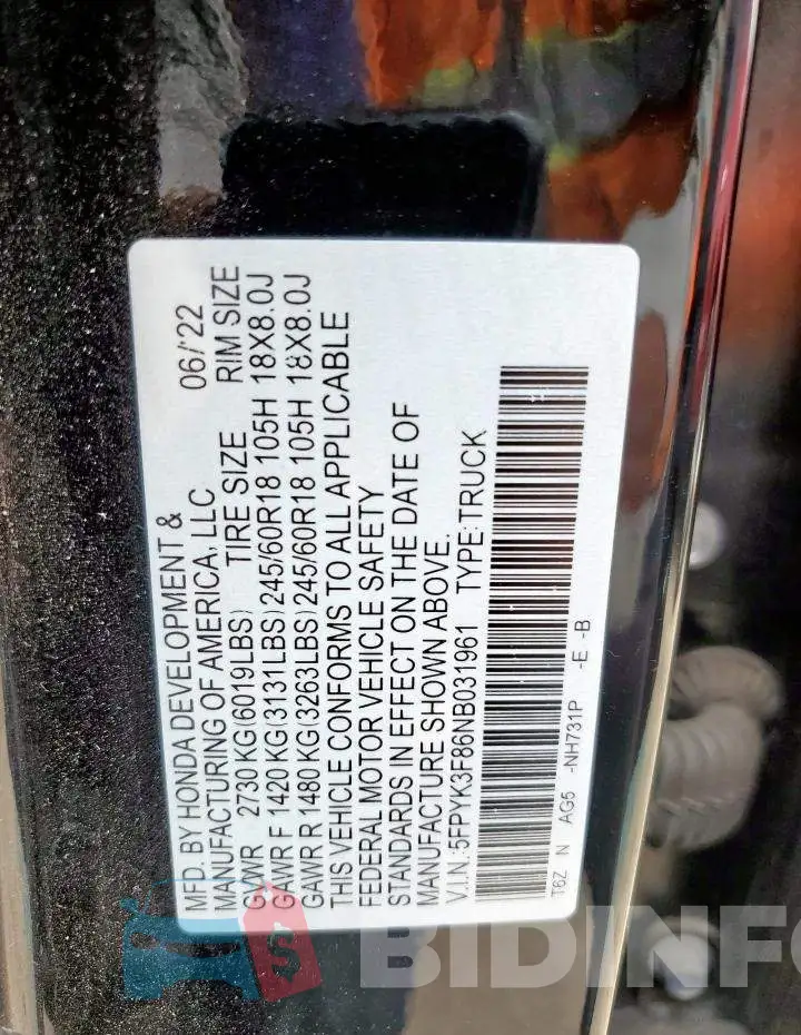 5FPYK3F86NB031961 Photo# 13