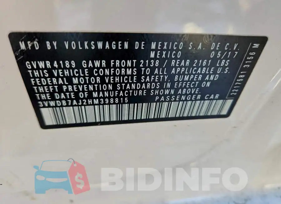 3VWDB7AJ2HM398815 Photo# 12