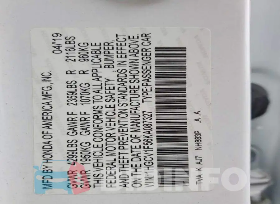 1HGCV1F56KA087327 Photo# 12