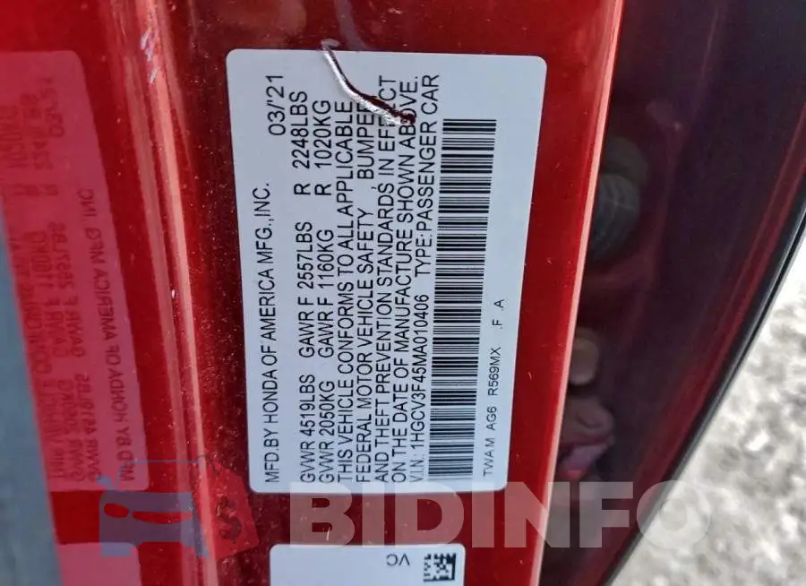 1HGCV3F45MA010406 Photo# 12