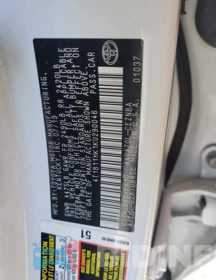 4T1B11HK1KU290046 Photo# 12