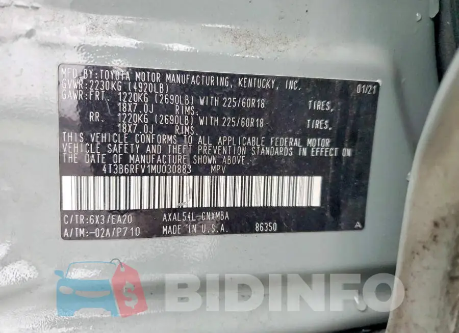4T3B6RFV1MU030883 Photo# 13