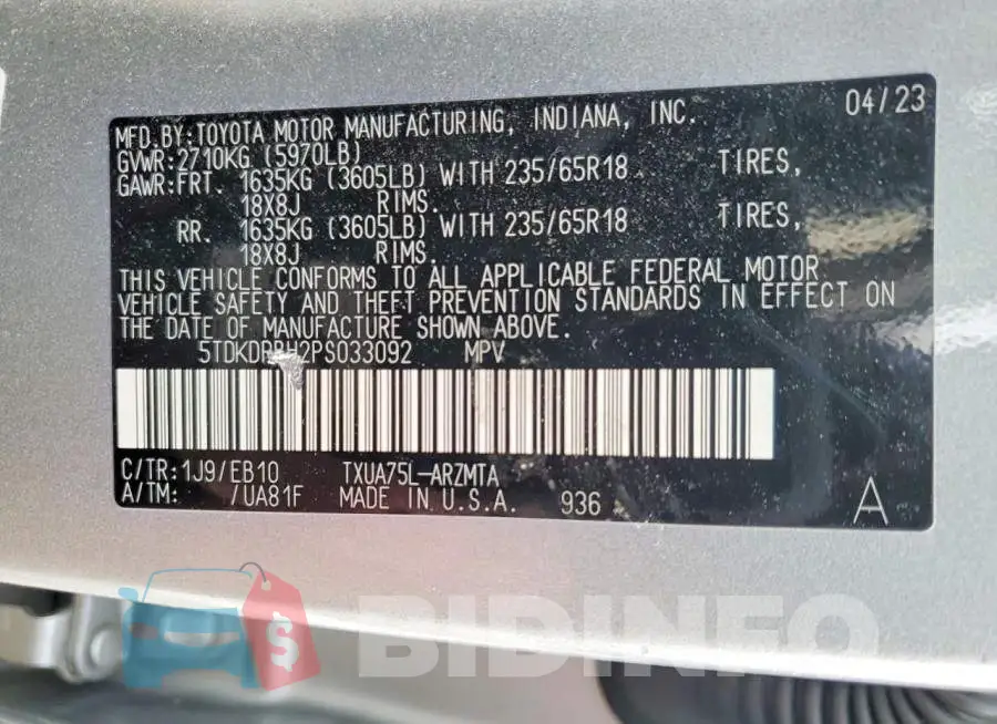 5TDKDRBH2PS033092 Photo# 13