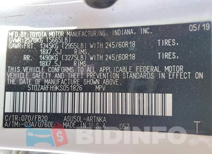 5TDZARFH9KS051826 Photo# 14