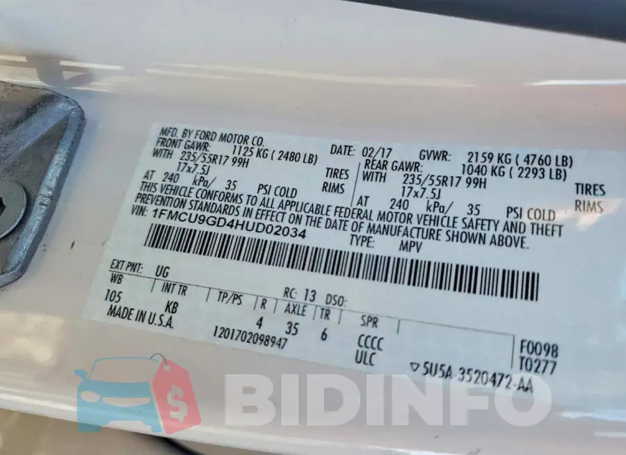 1FMCU9GD4HUD02034 Photo# 13