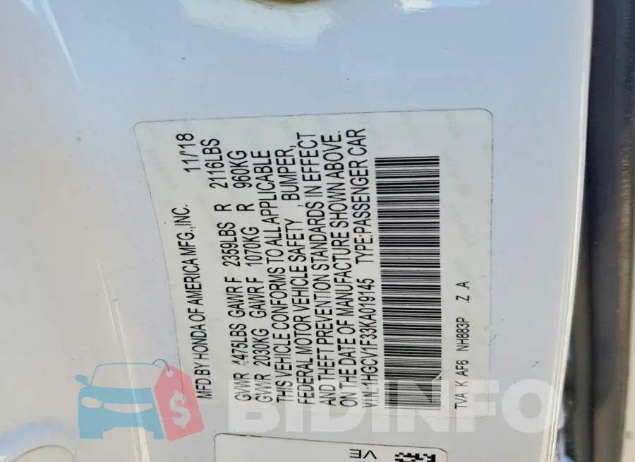 1HGCV1F33KA019145 Photo# 13