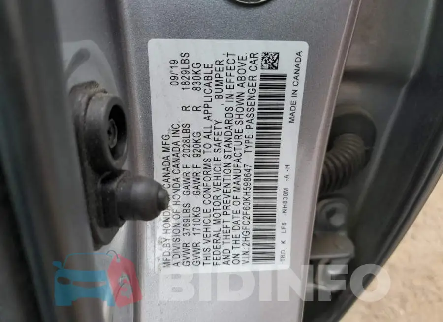 2HGFC2F60KH598647 Photo# 13