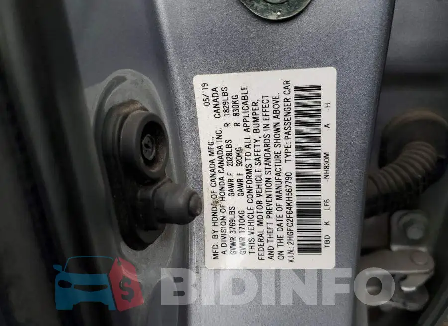2HGFC2F64KH567790 Photo# 12