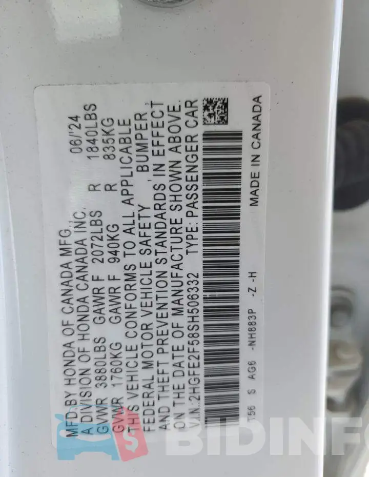 2HGFE2F58SH506332 Photo# 12