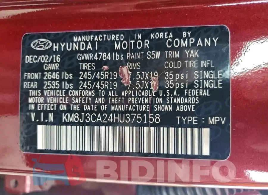 KM8J3CA24HU375158 Photo# 13