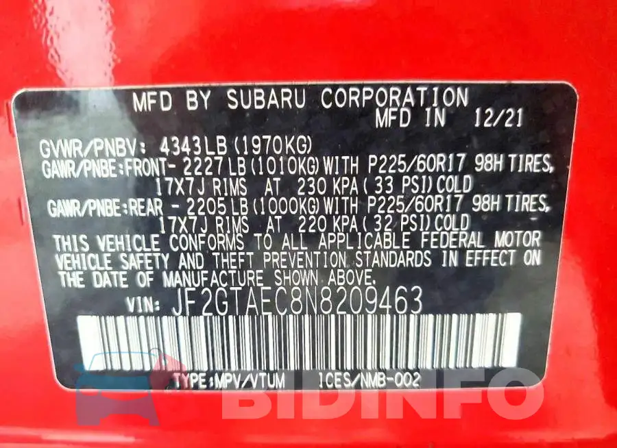 JF2GTAEC8N8209463 Photo# 12
