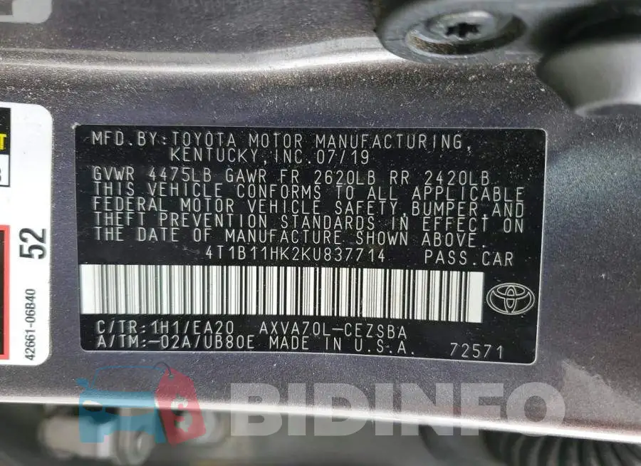 4T1B11HK2KU837714 Photo# 12