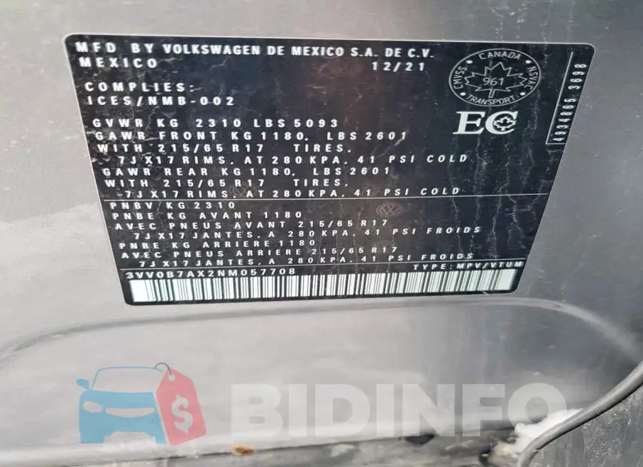 3VV0B7AX2NM057708 Photo# 13